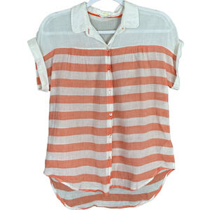 Hei Hei Orange White Striped Button Up Short Sleeve Blouse Shirt Size Small
